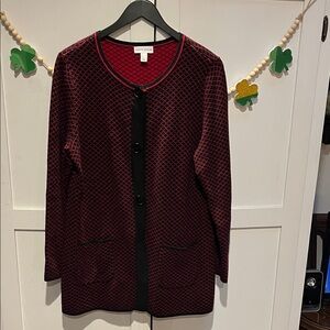 Susan Graver Burgundy and Black Patterned Button Cardigan
